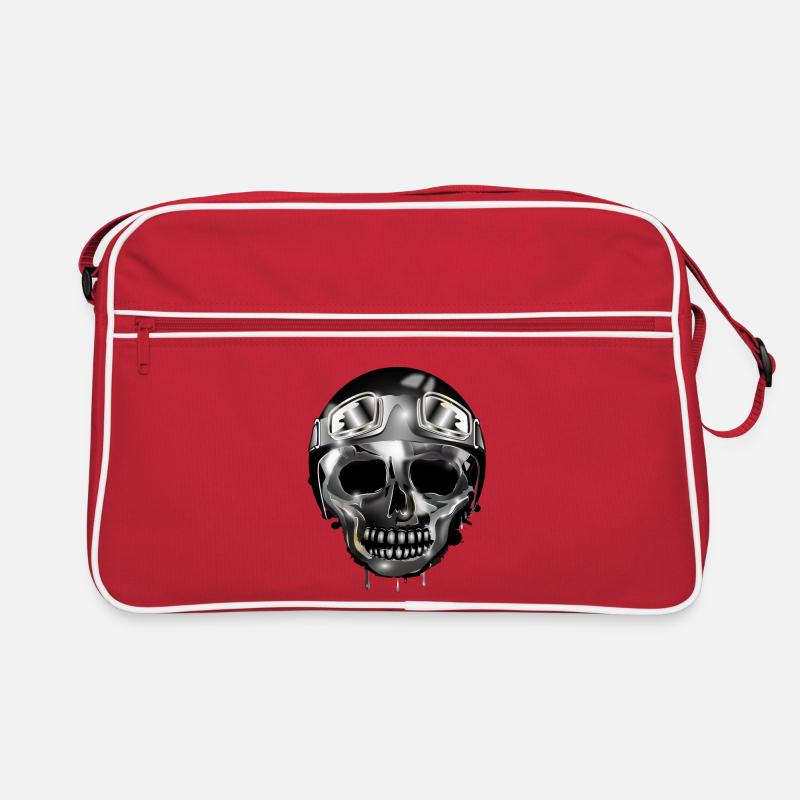 Chrome Skull with Retro Motorcycle Helmet and Goggles Retro Bag