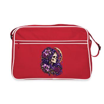 Schädelfrau, Mondblumen, Lila, Gotisch, - Retro Tasche - Rot/Weiß - Vorne