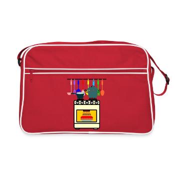 Kitchen utensils with oven pans on fire and cake - Retro Bag - red/white - Front