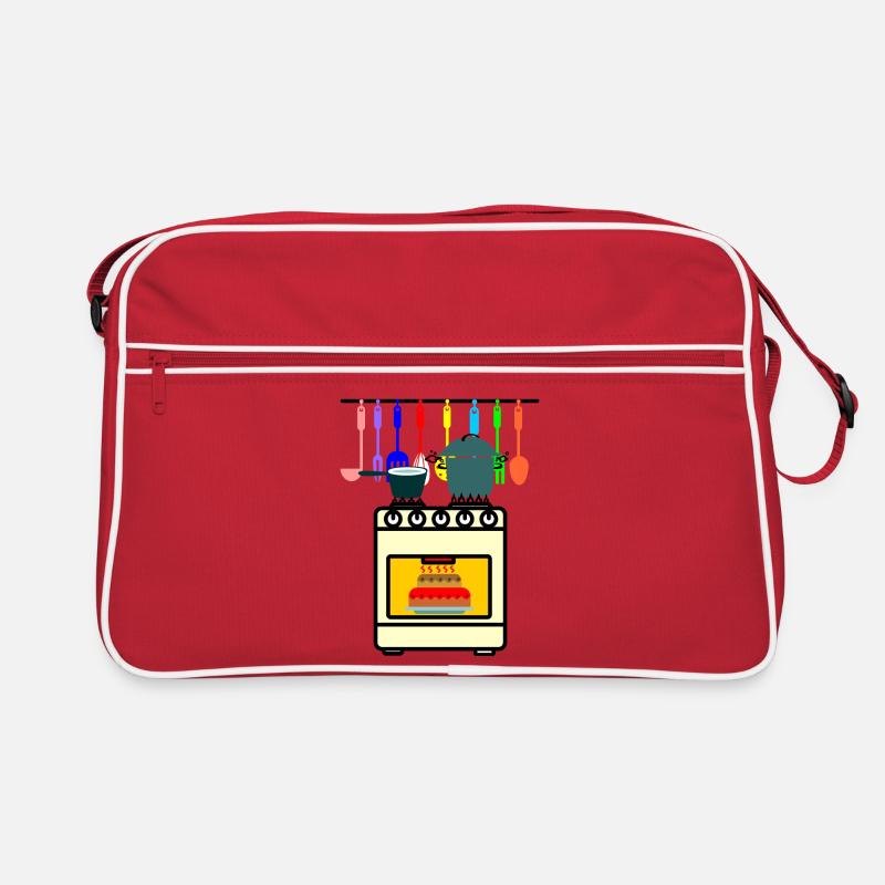 Ustensiles de cuisine avec casseroles de four sur le feu et gâteau - Sac Retro - rouge/blanc