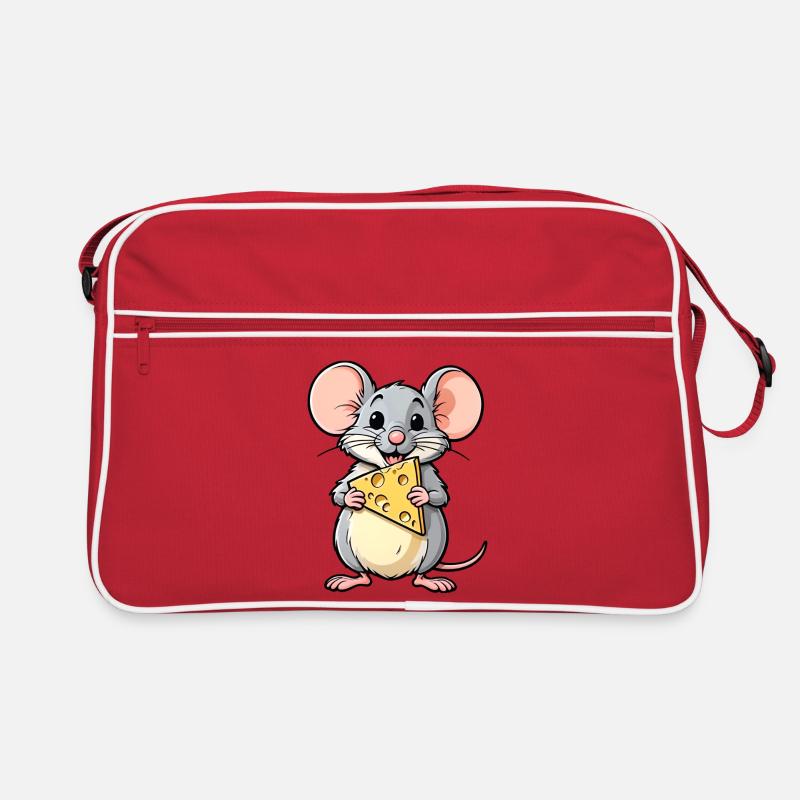 Freche Cartoon-Maus mit Käse - Retro Tasche - Rot/Weiß