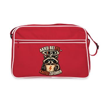 Akku Bei 1 Prozent – Waschbär Kaffee Humor  - Retro Tasche - Rot/Weiß - Vorne