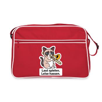 Posaune Posaunist Katze Blechbläser T-Shirt - Retro Tasche - Rot/Weiß - Vorne