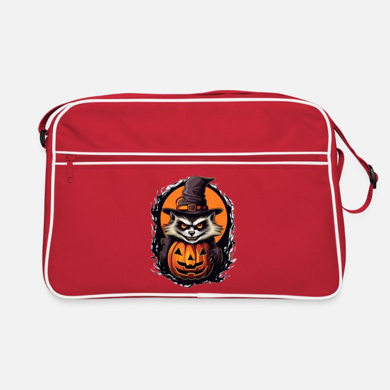 Spooky Halloween Cat with Witch Hat - Retro Bag - red/white