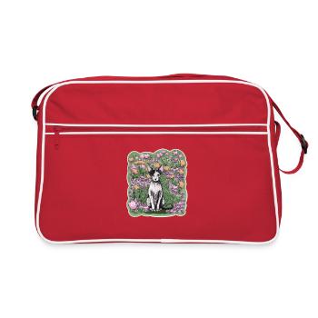 Illustration einer Sphynxkatze zwischen Blumen - Retro Tasche - Rot/Weiß - Vorne