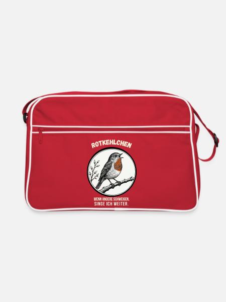 Rotkehlchen – Wenn andere schweigen, singe ich - Retro Tasche - Rot/Weiß