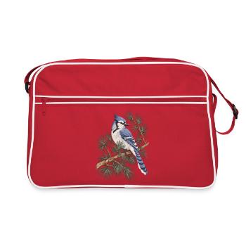 Blauer Eichelhäher auf Kiefernzweigen - Retro Tasche - Rot/Weiß - Vorne