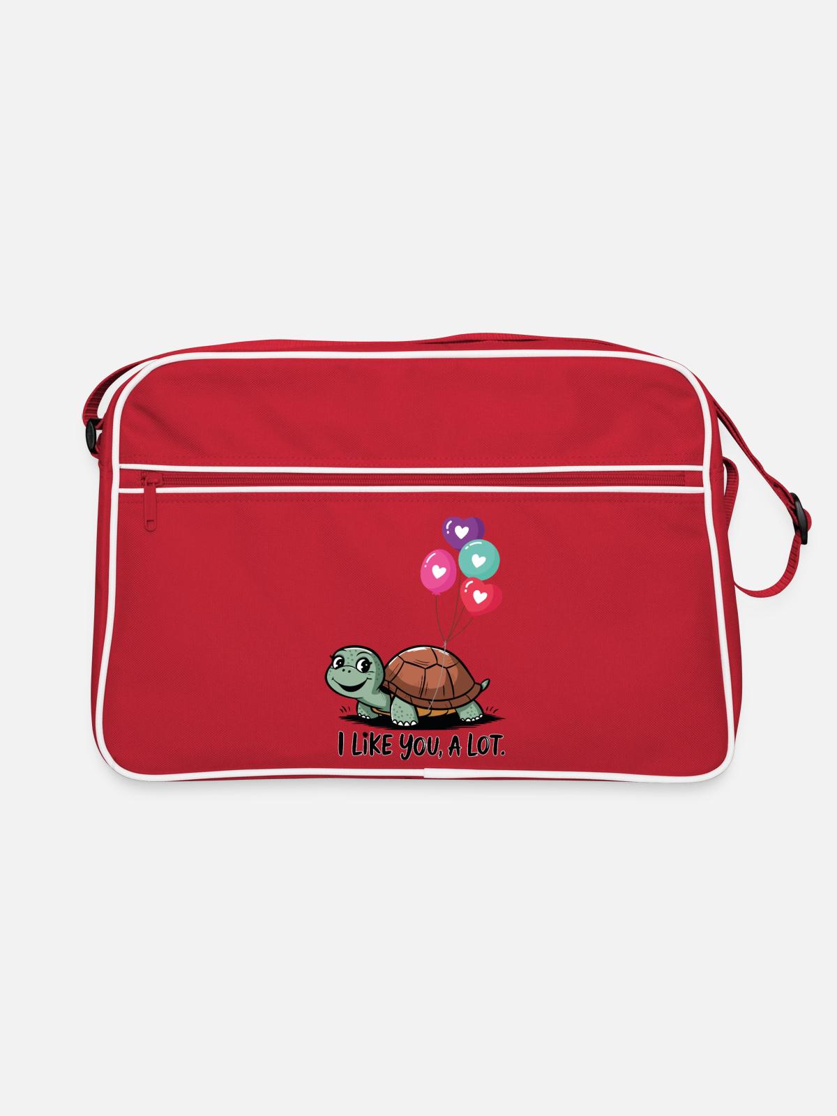 Turtle with Heart Balloons - Retro Bag - red/white - Front