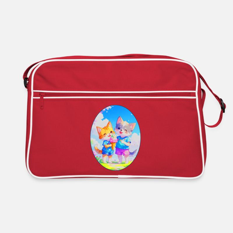 Kätzchen, Hündchen & Eiscreme (Oval) - Retro Tasche - Rot/Weiß