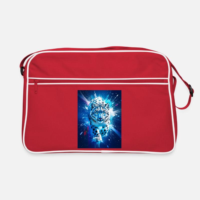 Ein Schneeleopard leuchtet inmitten eines eisblauen und silbernen Sterns Retro Tasche