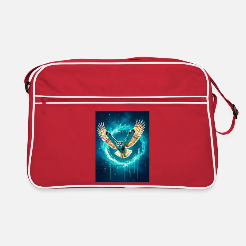 Un hibou luisant s’élève à travers les faisceaux rayonnants de gol Sac Retro