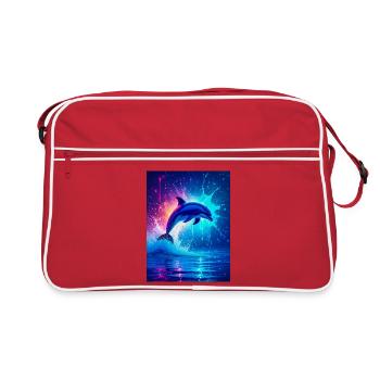 Ein strahlender Delfin springt durch türkisfarbene Wellen - Retro Tasche - Rot/Weiß - Vorne