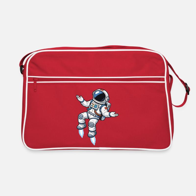 Schwebender Comic Astronaut mit Raketenantrieb Retro Tasche