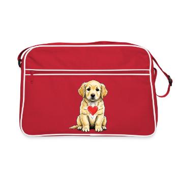Cuddly Dog with Red Heart - golden retriever - Retro Bag - red/white - Front