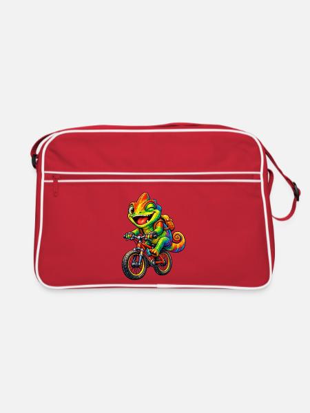 Chamäleon auf dem Fahrrad - Retro Tasche - Rot/Weiß - Vorne