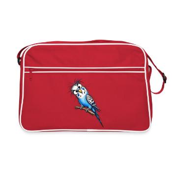 Blue Budgie Cartoon on Branch - Retro Bag - red/white - Front