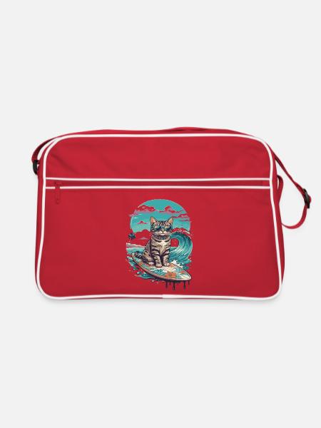 Surfer-Katze in tropischer Welle - Retro Tasche - Rot/Weiß