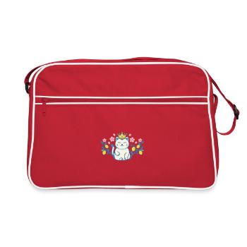 Katze mit Krone zwischen Blumen - Retro Tasche - Rot/Weiß - Vorne