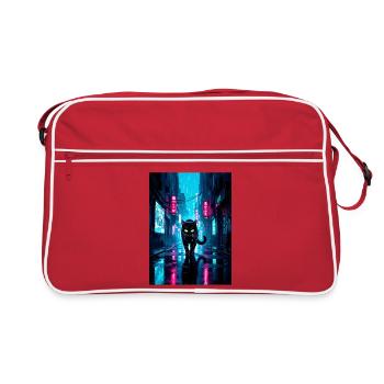 Black cyberpunk cat in neon rain city - Retro Bag - red/white - Front
