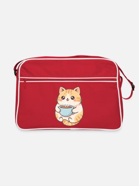 Katze mit Kaffee - Retro Tasche - Rot/Weiß