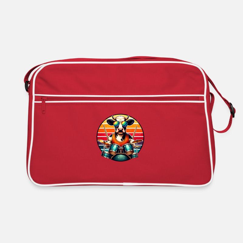 Cooler Drummer Kuh Mit Trommeln Design - Retro Tasche - Rot/Weiß