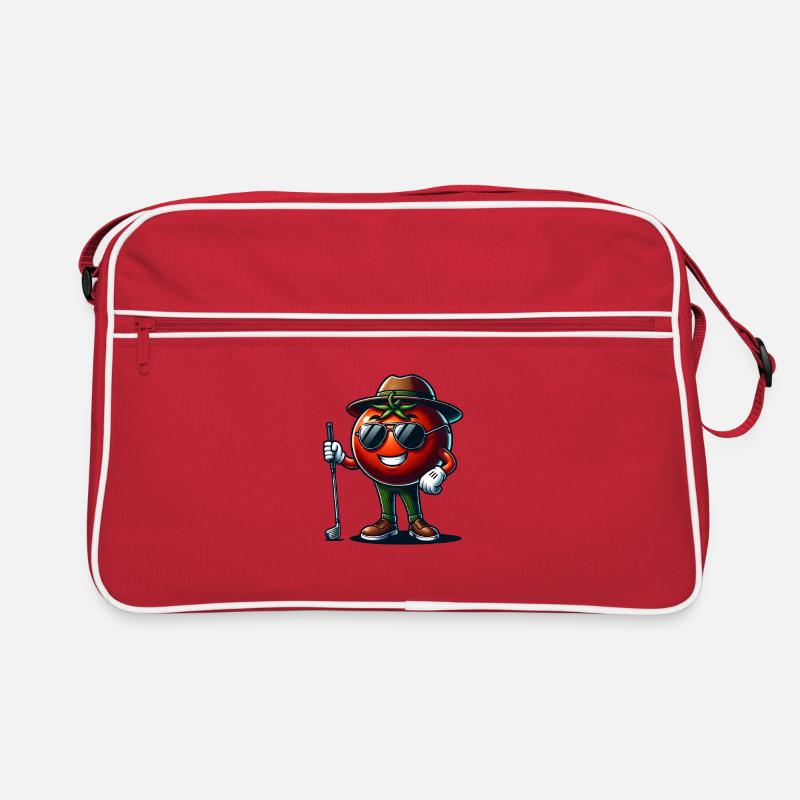 Funny golf tomato with sunglasses and Retro Bag