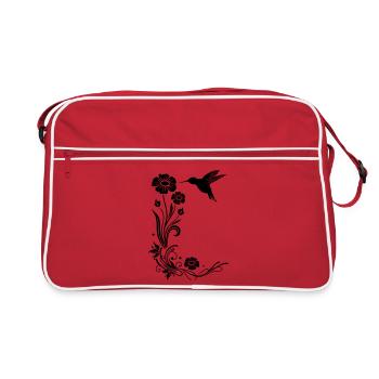 Floral motif with flowers and hummingbird. - Retro Bag - red/white - Front