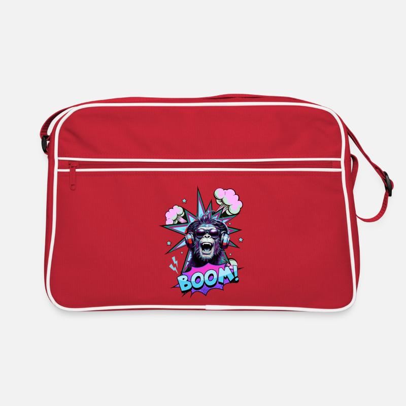 Neon Affe mit Kopfhörern BOOM! - Musik-Design - Retro Tasche - Rot/Weiß