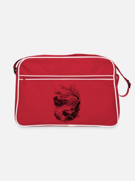 Japanische Natur mit Kirschbaum und Berg Fuji - Retro Tasche - Rot/Weiß
