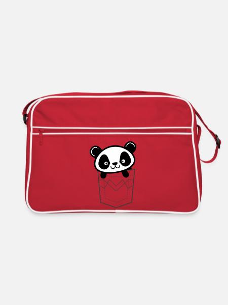Panda lugt aus der Tasche - Retro Tasche - Rot/Weiß - Vorne