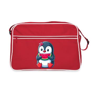 Cute Penguin with Watermelon Summer Cartoon - Retro Bag - red/white - Front