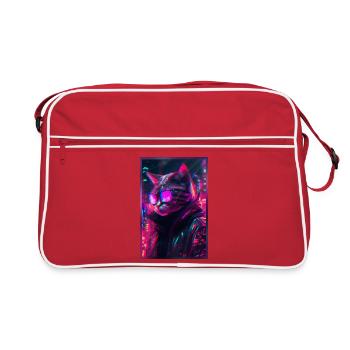 Techno Katze Japan Neon City Art - Retro Tasche - Rot/Weiß - Vorne