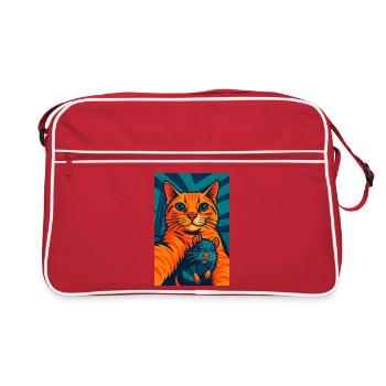 Lustige orange Katze Katze und Maus - Retro Tasche - Rot/Weiß - Vorne