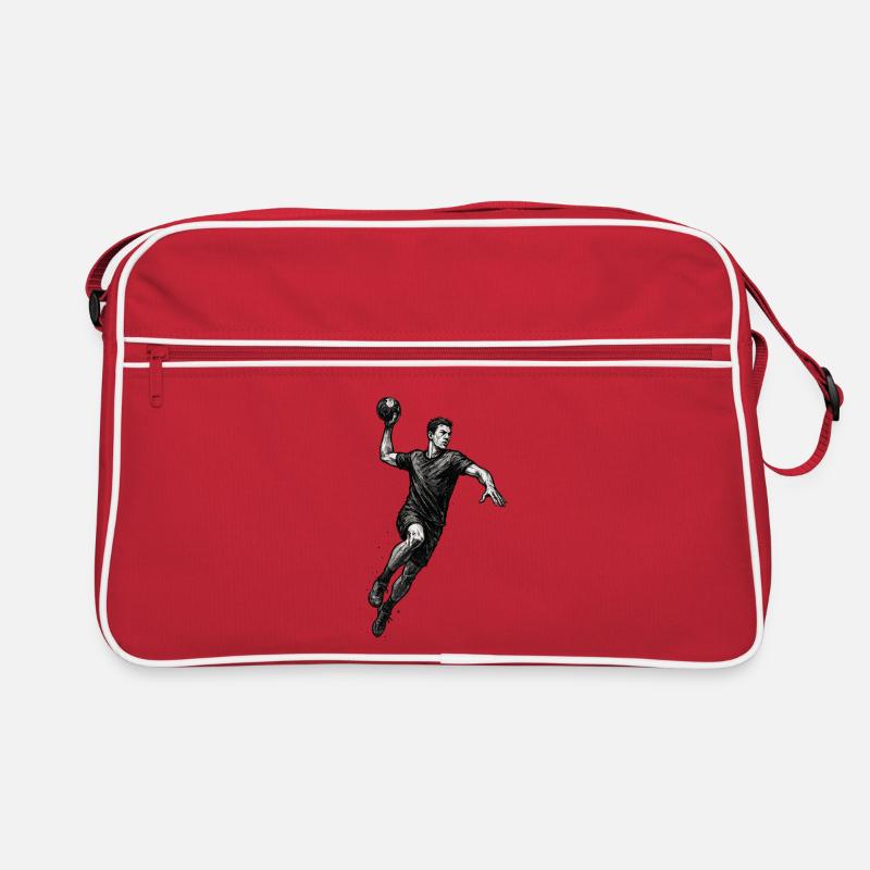 Dynamischer Handballer in Schwarzillustration - Retro Tasche - Rot/Weiß