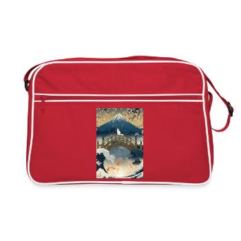 Cat on Bridge Beneath Mount Fuji Night - Retro Bag - red/white - Front