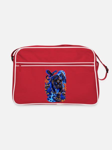 Cyber Panther mit blauer Aura - Retro Tasche - Rot/Weiß