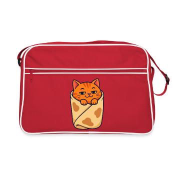 Orangefarbene getigerte Katze eingewickelt wie ein Burrito - Retro Tasche - Rot/Weiß - Vorne