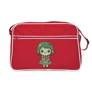 Süßes Kawaii-Zombie-Mädchen hält ein gesticktes Herz - Retro Tasche - Rot/Weiß - Vorne