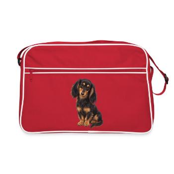 Schwarz-beigefarbener Dackel - Retro Tasche - Rot/Weiß - Vorne