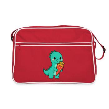 Langhals Dino mit Schultüte | Einschulung 2026 - Retro Tasche - Rot/Weiß - Vorne