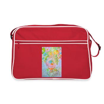 Runde Vase mit verschiedenen Blumen - Retro Tasche - Rot/Weiß - Vorne
