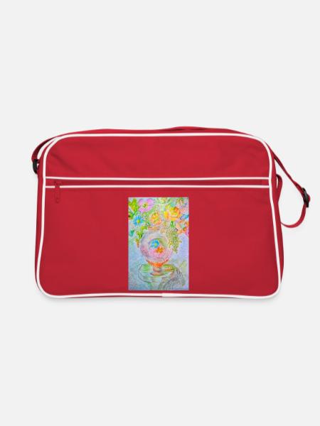 Runde Vase mit verschiedenen Blumen - Retro Tasche - Rot/Weiß