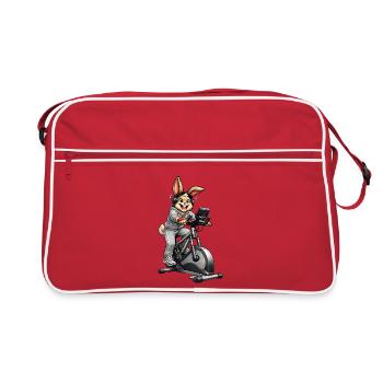 Un lapin sur le vélo d’appartement avec un casque - Sac Retro - rouge/blanc - Devant