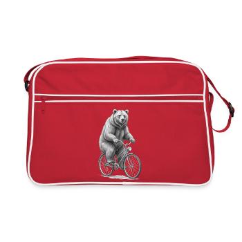 Bear on Bicycle in Monochrome Whimsy - Retro Bag - red/white - Front