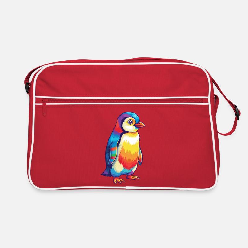 Buntes Pinguin-Regenbogen-Pop-Art-Aquarell - Retro Tasche - Rot/Weiß