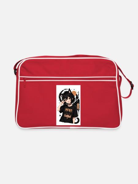 Neko Nachtkatze Shirt - Retro Tasche - Rot/Weiß - Vorne