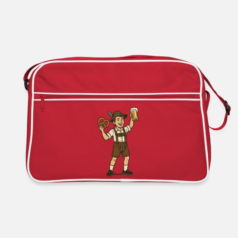 Junger Biertrinker in Lederhosen Retro Tasche