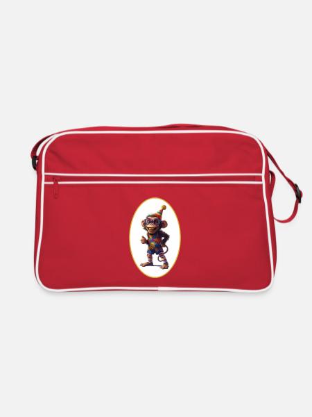 Schimpanse lacht - Retro Tasche - Rot/Weiß - Vorne