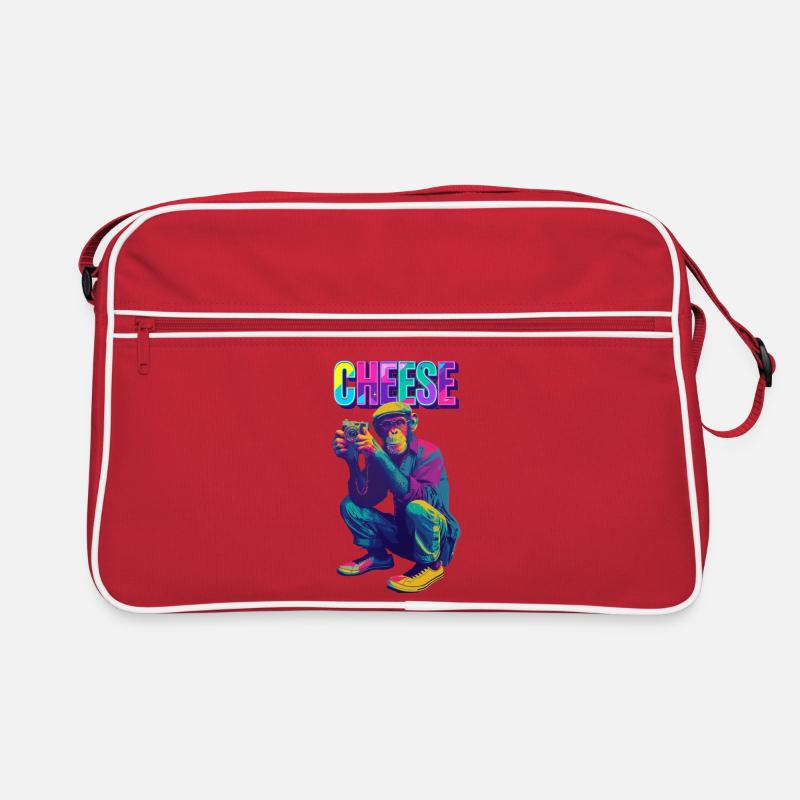 Cheese! Affe mit Kamera im Neon Pop-Art Stil - Retro Tasche - Rot/Weiß