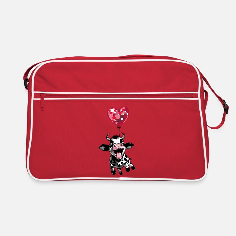 Springendes Kälbchen mit Herzballon - Kuh Kalb - Retro Tasche - Rot/Weiß